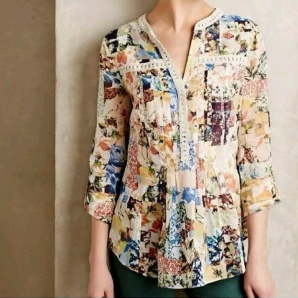 Maeve x Anthropologie Abella Floral Pintuck Patchwork Boho Blouse Top Size 6
